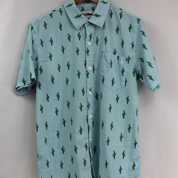 Tipsy Elves Christmas Hawaiian Cactus Blue Button Down Short Sleeve Shirt Size M - Picture 1 of 5